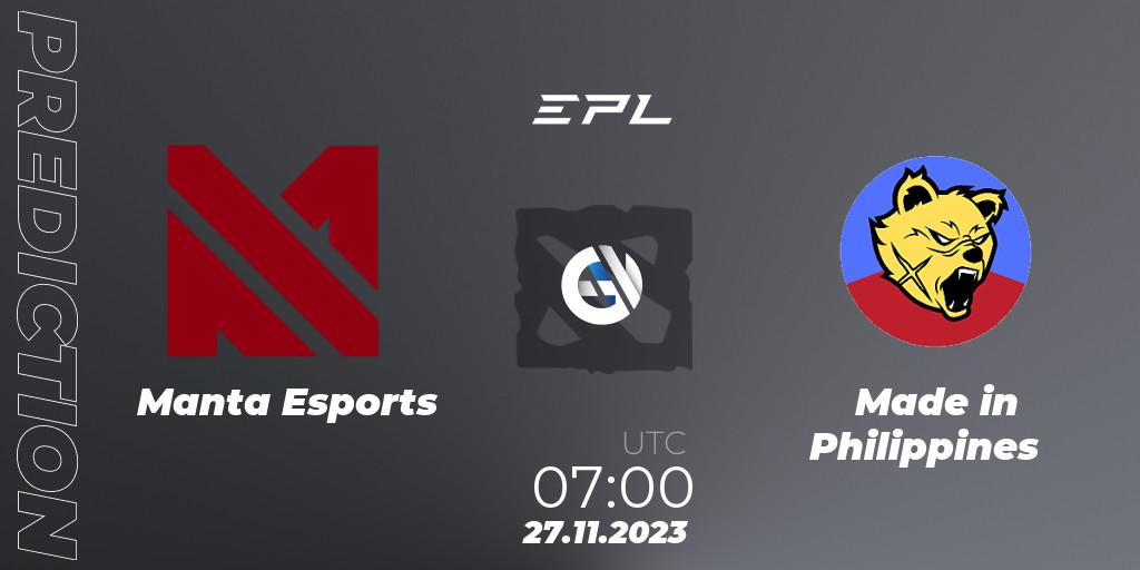 Manta Esports vs Made in Philippines: Betting TIp, Match Prediction. 27.11.2023 at 07:00. Dota 2, EPL World Series: Southeast Asia Season 1