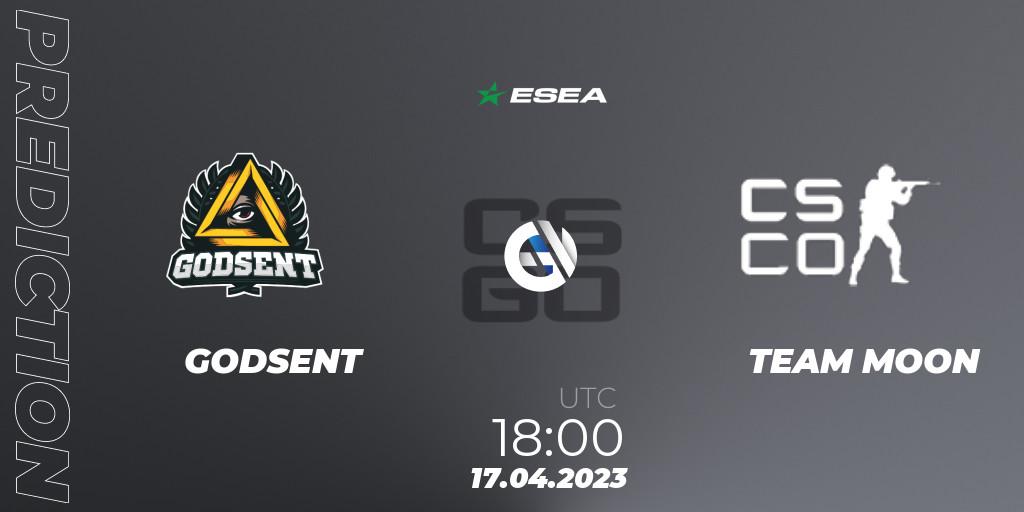 GODSENT vs TEAM MOON: Betting TIp, Match Prediction. 04.05.2023 at 15:00. Counter-Strike (CS2), ESEA Season 45: Advanced Division - Europe