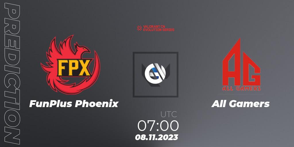 FunPlus Phoenix vs All Gamers: Betting TIp, Match Prediction. 08.11.2023 at 07:00. VALORANT, VALORANT China Evolution Series Act 3: Heritability - Play-In