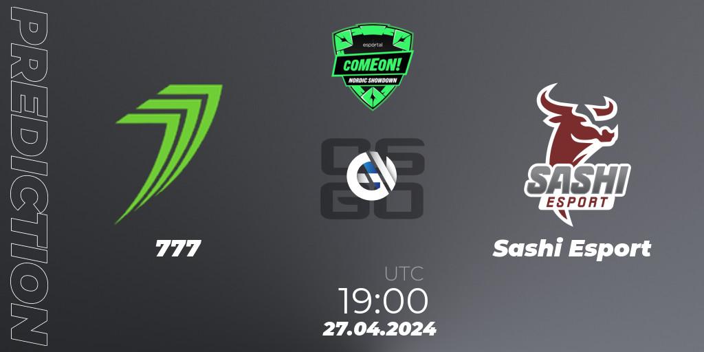 777 vs Sashi Esport: Betting TIp, Match Prediction. 27.04.2024 at 19:00. Counter-Strike (CS2), ComeOn Nordic Showdown
