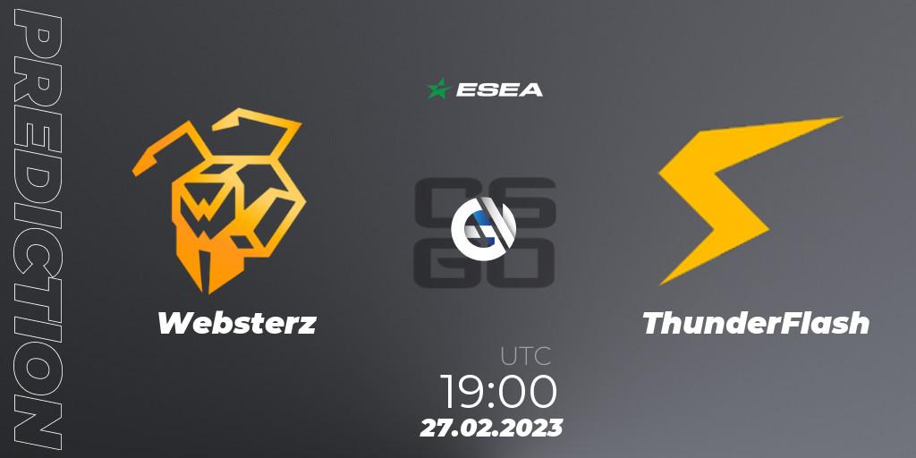 Websterz vs ThunderFlash: Betting TIp, Match Prediction. 27.02.2023 at 19:00. Counter-Strike (CS2), ESEA Season 44: Advanced Division - Europe