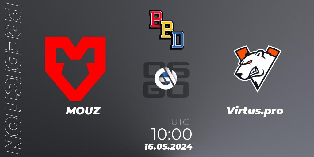 MOUZ vs Virtus.pro: Betting TIp, Match Prediction. 16.05.2024 at 10:20. Counter-Strike (CS2), BetBoom Dacha Belgrade 2024