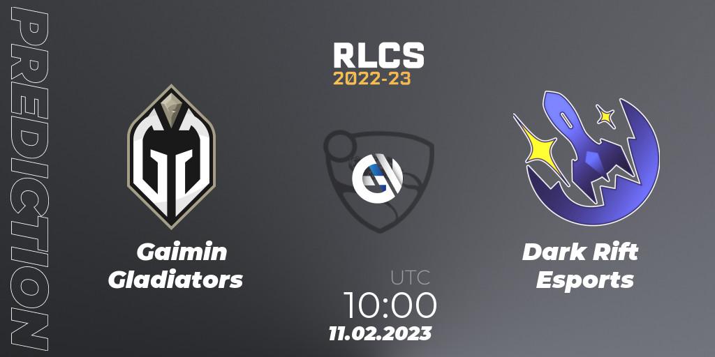 Gaimin Gladiators vs Dark Rift Esports: Betting TIp, Match Prediction. 11.02.2023 at 10:00. Rocket League, RLCS 2022-23 - Winter: Asia-Pacific Regional 2 - Winter Cup