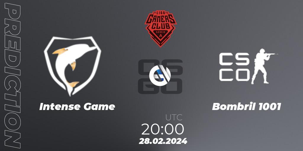 Intense Game vs Bombril 1001: Betting TIp, Match Prediction. 28.02.2024 at 20:00. Counter-Strike (CS2), Gamers Club Liga Série A: February 2024