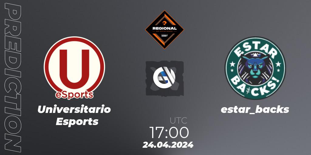 Universitario Esports vs estar_backs: Betting TIp, Match Prediction. 24.04.2024 at 17:00. Dota 2, RES Regional Series: LATAM #2