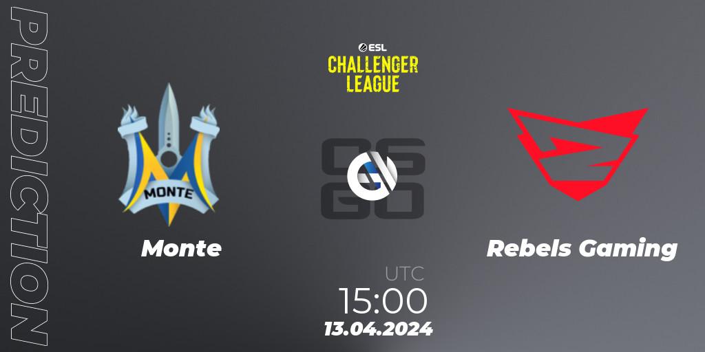 Monte vs Rebels Gaming: Betting TIp, Match Prediction. 13.04.2024 at 15:00. Counter-Strike (CS2), ESL Challenger League Season 47: Europe