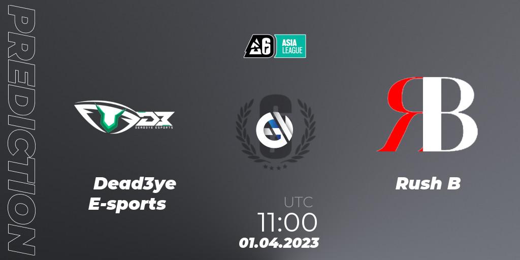 Dead3ye E-sports vs Rush B: Betting TIp, Match Prediction. 01.04.2023 at 09:30. Rainbow Six, South Asia League 2023 - Stage 1