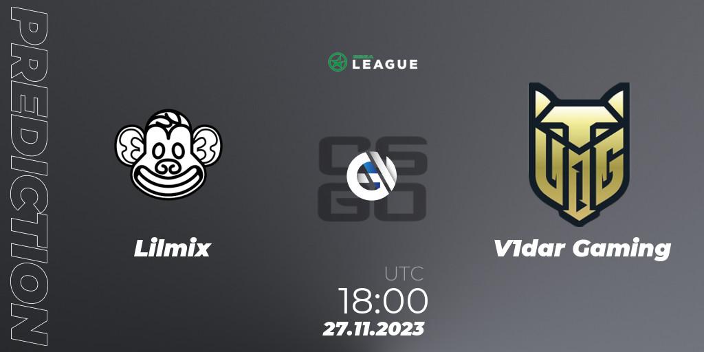 Lilmix vs V1dar Gaming: Betting TIp, Match Prediction. 27.11.2023 at 18:00. Counter-Strike (CS2), ESEA Season 47: Advanced Division - Europe
