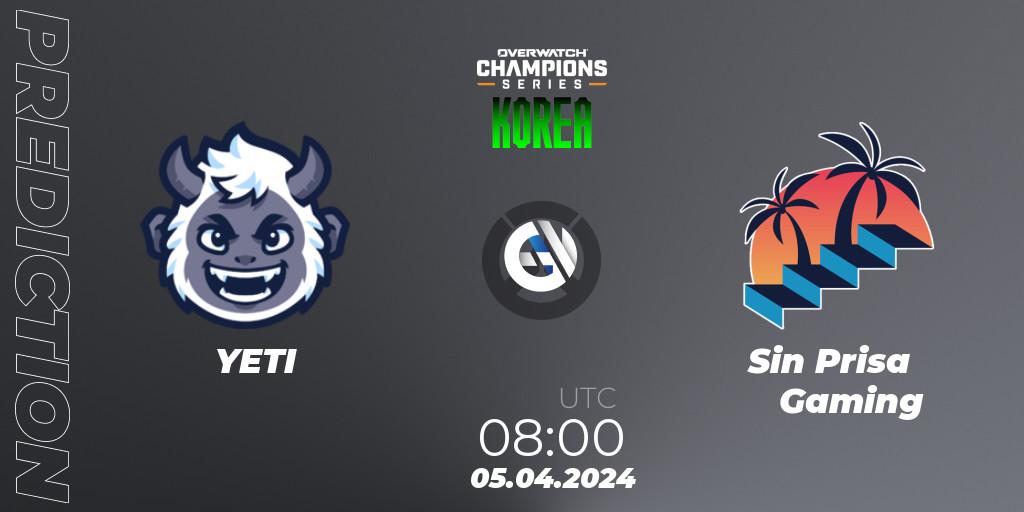 YETI vs Sin Prisa Gaming: Betting TIp, Match Prediction. 05.04.2024 at 08:00. Overwatch, Overwatch Champions Series 2024 - Stage 1 Korea