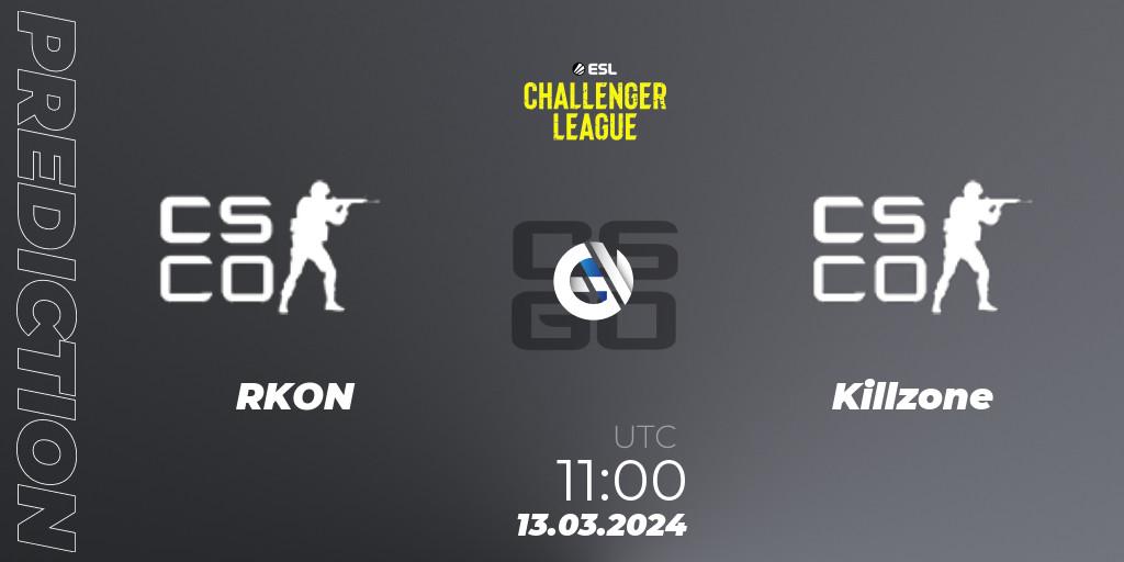 RKON vs Killzone: Betting TIp, Match Prediction. 13.03.2024 at 11:00. Counter-Strike (CS2), ESL Challenger League Season 47: Oceania