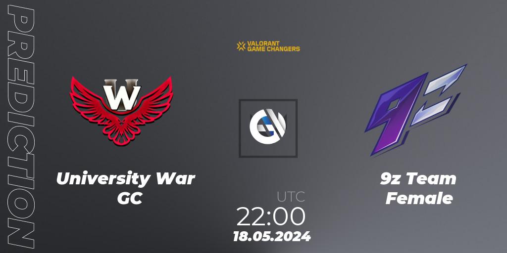 University War GC vs 9z Team Female: Betting TIp, Match Prediction. 18.05.2024 at 22:00. VALORANT, VCT 2024: Game Changers LAS - Opening