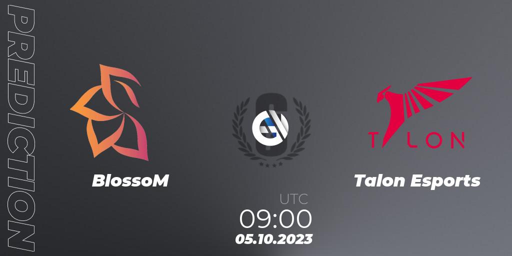 BlossoM vs Talon Esports: Betting TIp, Match Prediction. 05.10.2023 at 09:00. Rainbow Six, South Korea League 2023 - Stage 2 - Last Chance Qualifiers