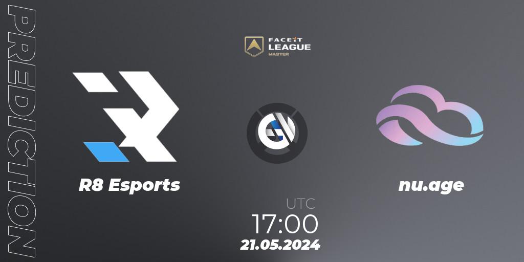 R8 Esports vs nu.age: Betting TIp, Match Prediction. 21.05.2024 at 17:00. Overwatch, FACEIT League Season 1 - EMEA Master Road to EWC