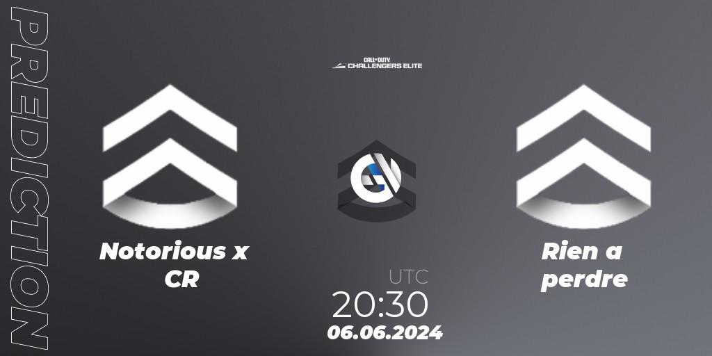 Notorious x CR vs Rien a perdre: Betting TIp, Match Prediction. 06.06.2024 at 19:30. Call of Duty, Call of Duty Challengers 2024 - Elite 3: EU