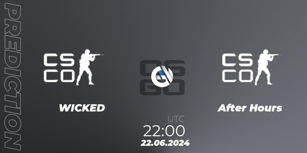 WICKED vs After Hours: Betting TIp, Match Prediction. 22.06.2024 at 23:00. Counter-Strike (CS2), Fragadelphia Kansas City 2024