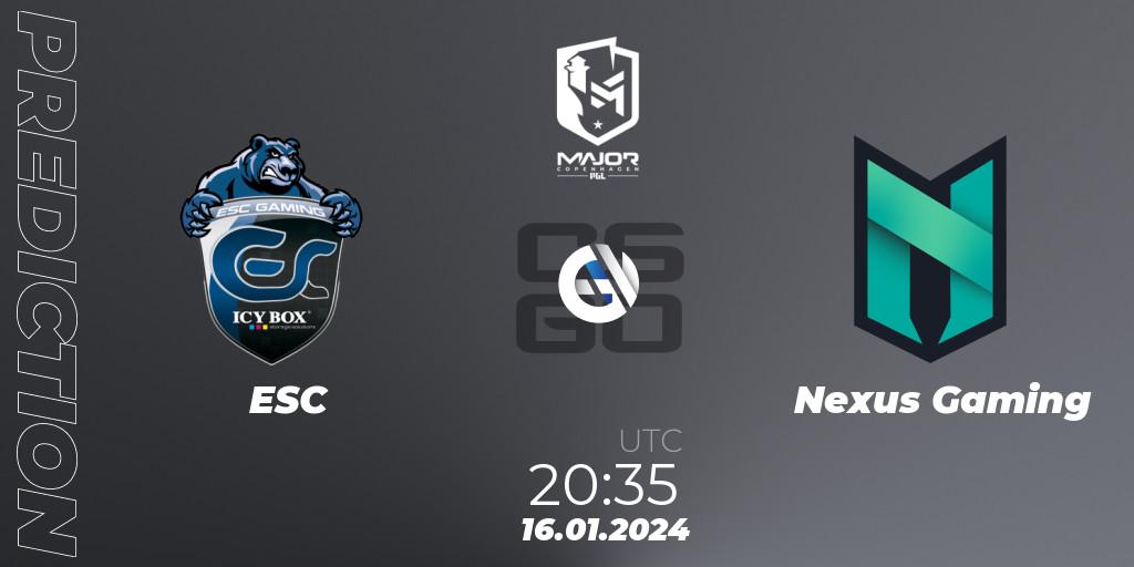 ESC vs Nexus Gaming: Betting TIp, Match Prediction. 16.01.2024 at 20:40. Counter-Strike (CS2), PGL CS2 Major Copenhagen 2024 Europe RMR Open Qualifier 4