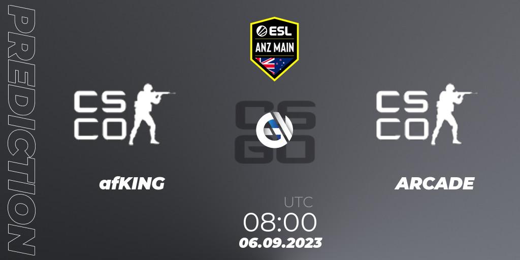 afKING vs ARCADE: Betting TIp, Match Prediction. 06.09.2023 at 08:00. Counter-Strike (CS2), ESL ANZ Main Season 17