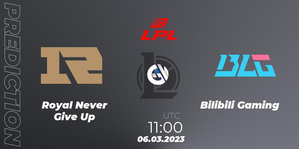 Royal Never Give Up vs Bilibili Gaming: Betting TIp, Match Prediction. 06.03.2023 at 11:20. LoL, LPL Spring 2023 - Group Stage