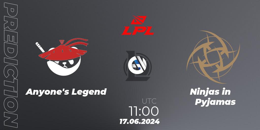 Anyone's Legend vs Ninjas in Pyjamas: Betting TIp, Match Prediction. 17.06.2024 at 11:00. LoL, LPL 2024 Summer - Group Stage