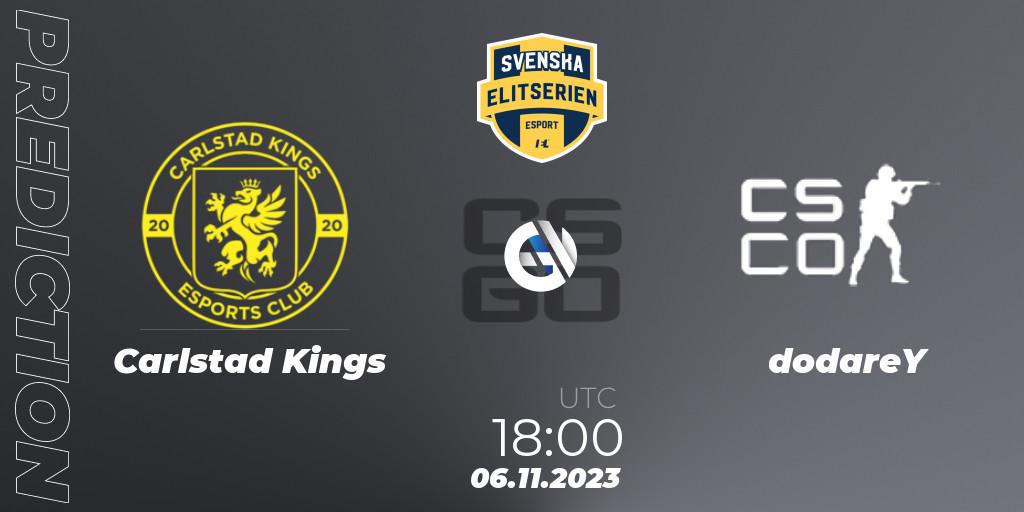 Carlstad Kings vs dodareY: Betting TIp, Match Prediction. 06.11.2023 at 18:00. Counter-Strike (CS2), Svenska Elitserien Fall 2023: Online Stage