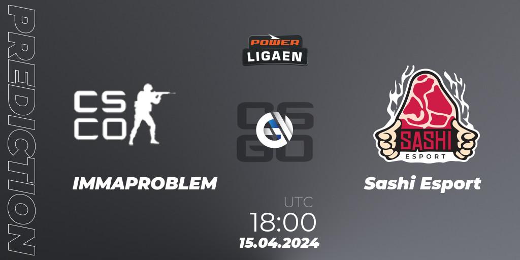 IMMAPROBLEM vs Sashi Esport: Betting TIp, Match Prediction. 15.04.2024 at 18:00. Counter-Strike (CS2), Dust2.dk Ligaen Season 26