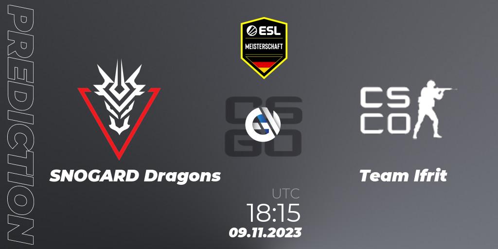SNOGARD Dragons vs Team Ifrit: Betting TIp, Match Prediction. 09.11.2023 at 18:15. Counter-Strike (CS2), ESL Meisterschaft: Autumn 2023