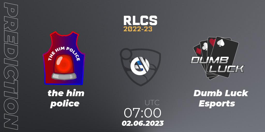 the him police vs Dumb Luck Esports: Betting TIp, Match Prediction. 02.06.2023 at 07:00. Rocket League, RLCS 2022-23 - Spring: Oceania Regional 3 - Spring Invitational