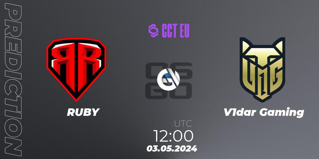 RUBY vs V1dar Gaming: Betting TIp, Match Prediction. 03.05.2024 at 12:20. Counter-Strike (CS2), CCT Season 2 Europe Series 2 