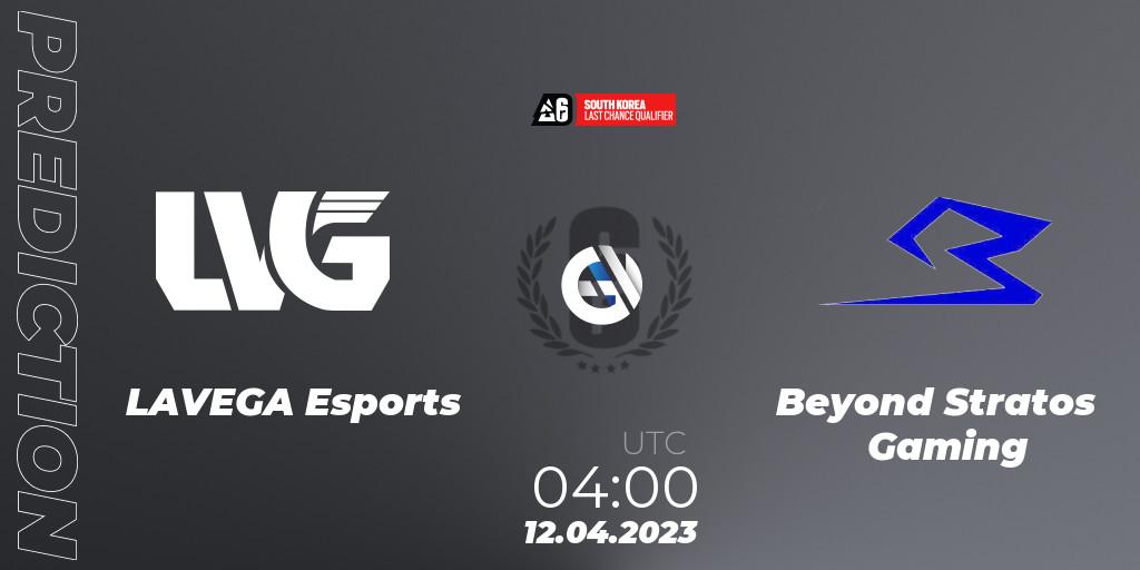 LAVEGA Esports vs Beyond Stratos Gaming: Betting TIp, Match Prediction. 12.04.2023 at 04:00. Rainbow Six, South Korea League 2023 - Stage 1 - Last Chance Qualifiers