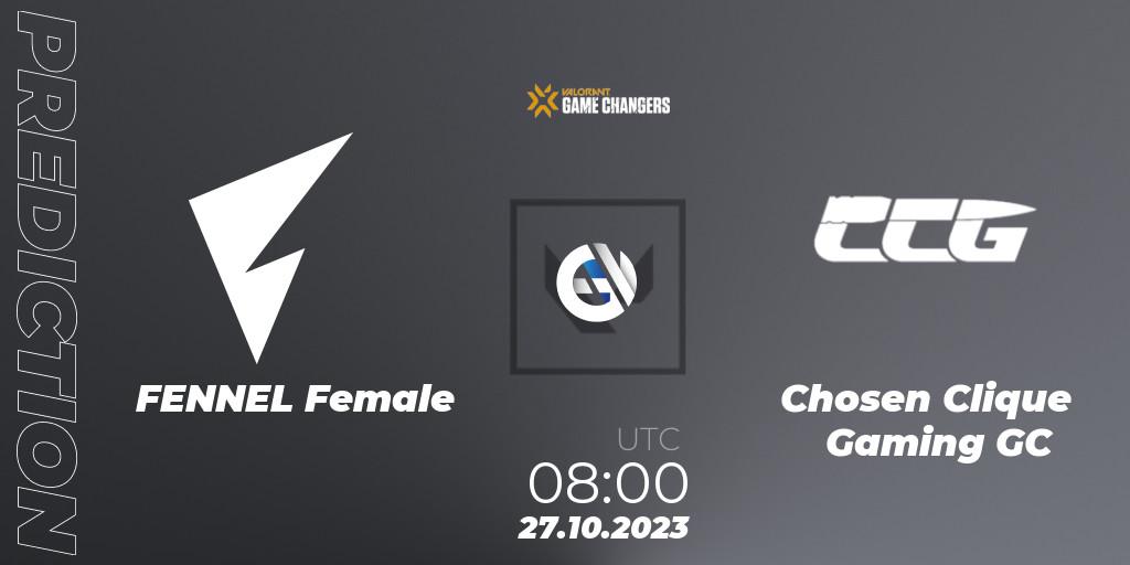 FENNEL Female vs Chosen Clique Gaming GC: Betting TIp, Match Prediction. 27.10.2023 at 09:00. VALORANT, VCT 2023: Game Changers East Asia