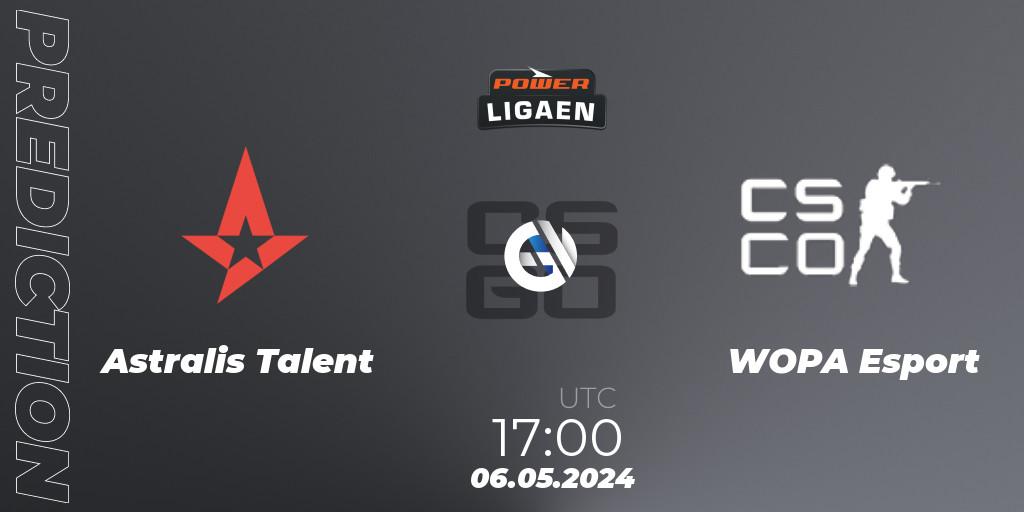 Astralis Talent vs WOPA Esport: Betting TIp, Match Prediction. 06.05.2024 at 17:00. Counter-Strike (CS2), Dust2.dk Ligaen Season 26