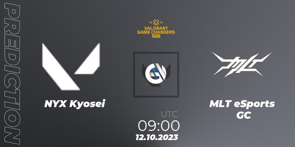 NYX Kyosei vs MLT eSports GC: Betting TIp, Match Prediction. 12.10.2023 at 09:00. VALORANT, VCT 2023: Game Changers APAC Elite