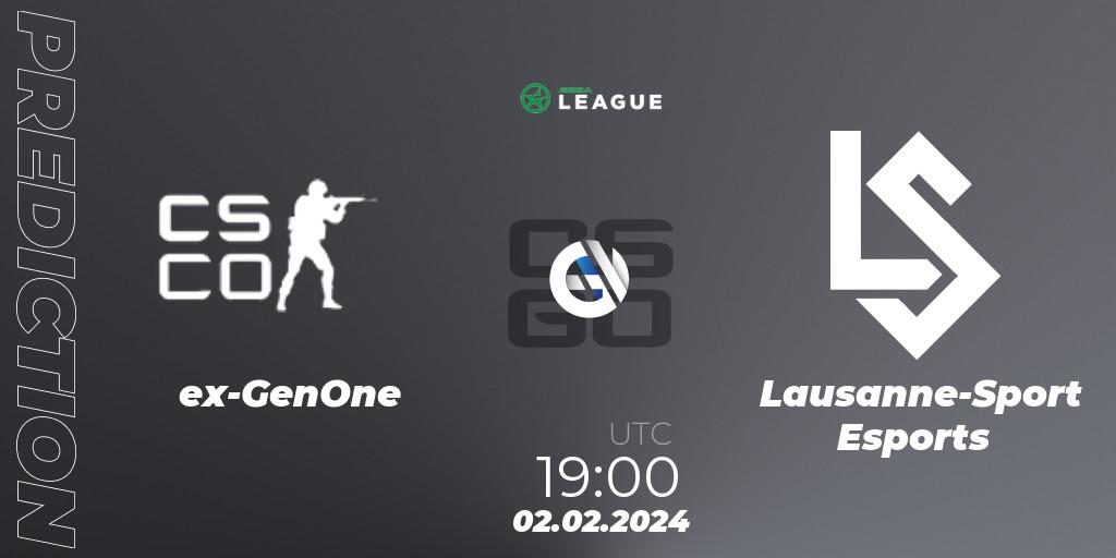 ex-GenOne vs Lausanne-Sport Esports: Betting TIp, Match Prediction. 02.02.2024 at 19:00. Counter-Strike (CS2), ESEA Season 48: Advanced Division - Europe