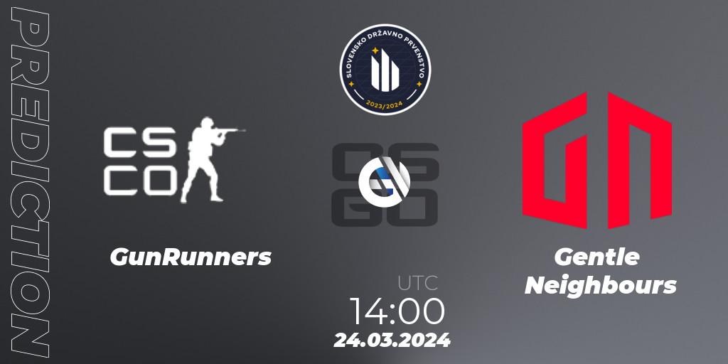 GunRunners vs Gentle Neighbours: Betting TIp, Match Prediction. 05.04.2024 at 11:00. Counter-Strike (CS2), Slovenian National Championship 2024
