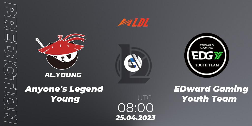 Anyone's Legend Young vs EDward Gaming Youth Team: Betting TIp, Match Prediction. 25.04.2023 at 09:00. LoL, LDL 2023 - Regular Season - Stage 2