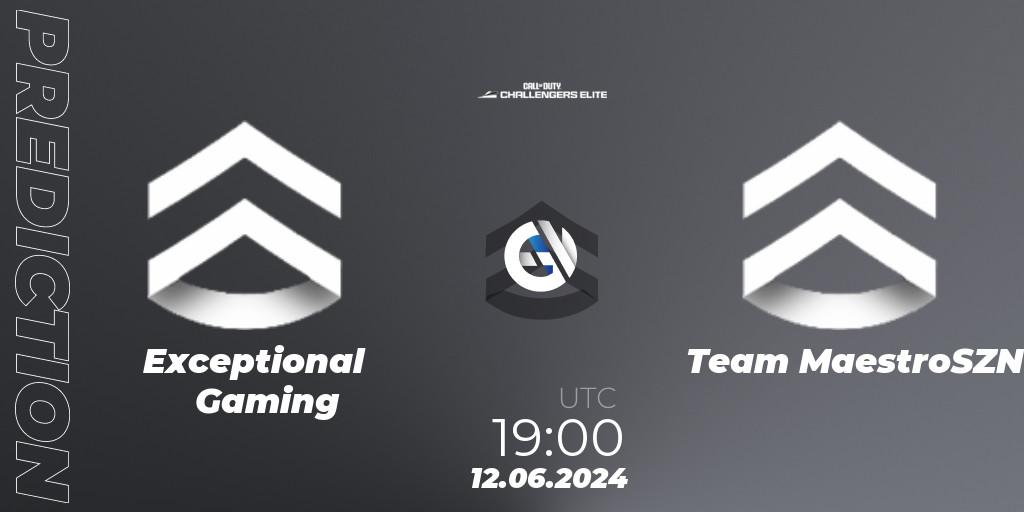 Exceptional Gaming vs Team MaestroSZN: Betting TIp, Match Prediction. 12.06.2024 at 18:00. Call of Duty, Call of Duty Challengers 2024 - Elite 3: EU