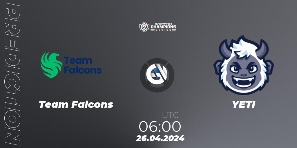Team Falcons vs YETI: Betting TIp, Match Prediction. 26.04.2024 at 06:00. Overwatch, Overwatch Champions Series 2024 - Asia Stage 1 Main Event