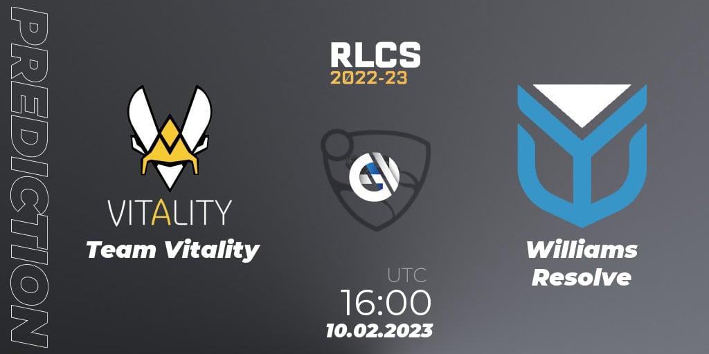 Team Vitality vs Williams Resolve: Betting TIp, Match Prediction. 10.02.2023 at 16:00. Rocket League, RLCS 2022-23 - Winter: Europe Regional 2 - Winter Cup