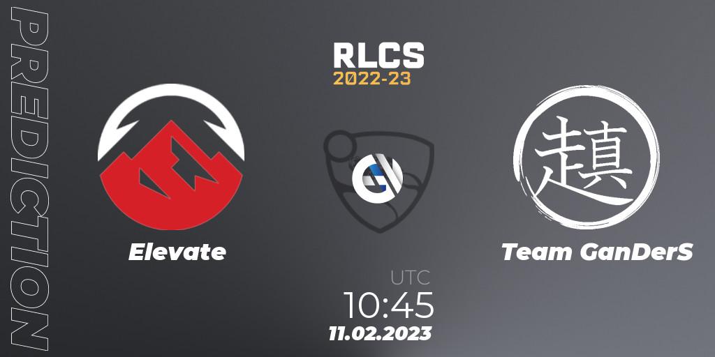 Elevate vs Team GanDerS: Betting TIp, Match Prediction. 11.02.2023 at 10:45. Rocket League, RLCS 2022-23 - Winter: Asia-Pacific Regional 2 - Winter Cup