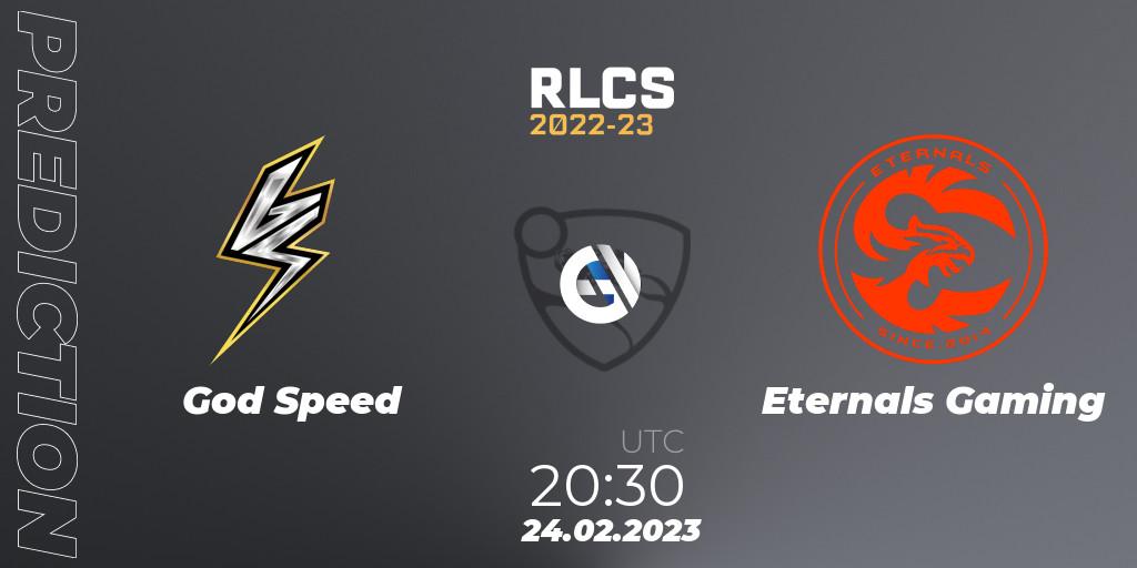 God Speed vs Eternals Gaming: Betting TIp, Match Prediction. 24.02.2023 at 20:30. Rocket League, RLCS 2022-23 - Winter: South America Regional 3 - Winter Invitational