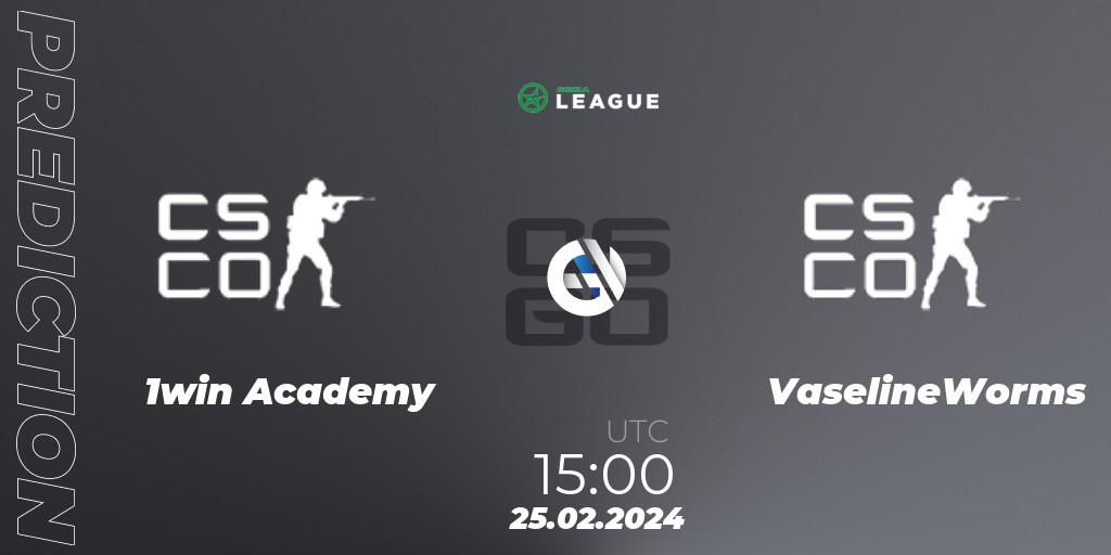 1win Academy vs VaselineWorms: Betting TIp, Match Prediction. 25.02.2024 at 15:00. Counter-Strike (CS2), ESEA Season 48: Advanced Division - Europe