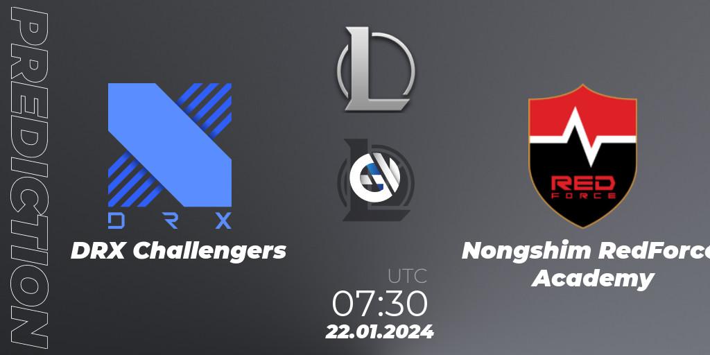 DRX Challengers vs Nongshim RedForce Academy: Betting TIp, Match Prediction. 22.01.2024 at 07:30. LoL, LCK Challengers League 2024 Spring - Group Stage