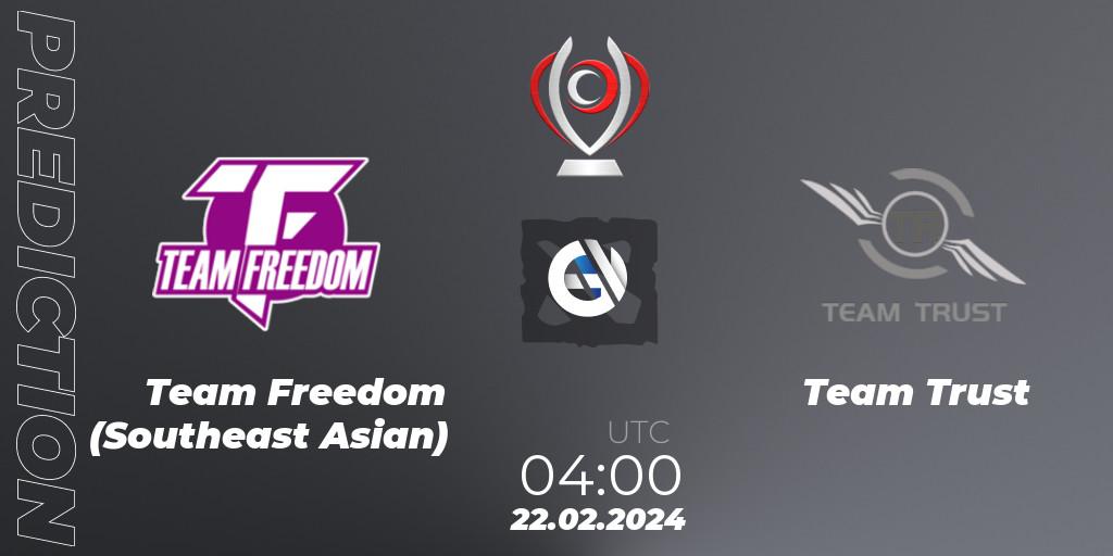Team Freedom (Southeast Asian) vs Team Trust: Betting TIp, Match Prediction. 22.02.2024 at 04:04. Dota 2, Opus League