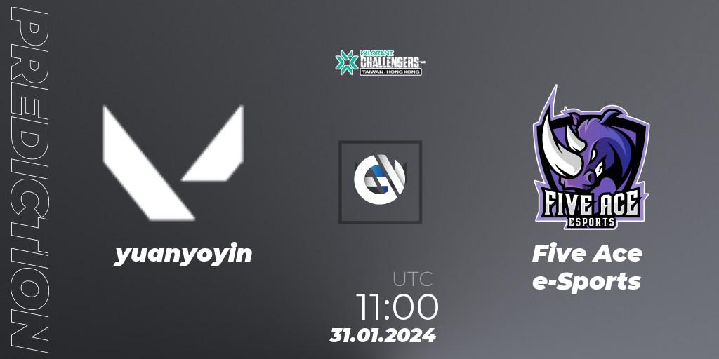 yuanyoyin vs Five Ace e-Sports: Betting TIp, Match Prediction. 31.01.2024 at 11:00. VALORANT, VALORANT Challengers Hong Kong and Taiwan 2024: Split 1