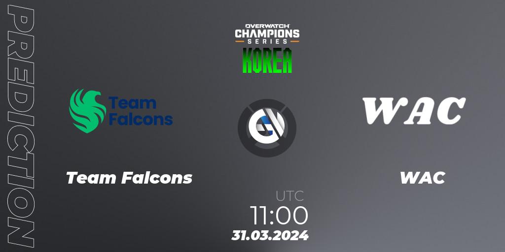 Team Falcons vs WAC: Betting TIp, Match Prediction. 31.03.2024 at 11:00. Overwatch, Overwatch Champions Series 2024 - Stage 1 Korea