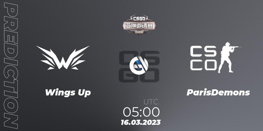 Wings Up vs ParisDemons: Betting TIp, Match Prediction. 16.03.2023 at 05:00. Counter-Strike (CS2), Baidu Cup Invitational #2