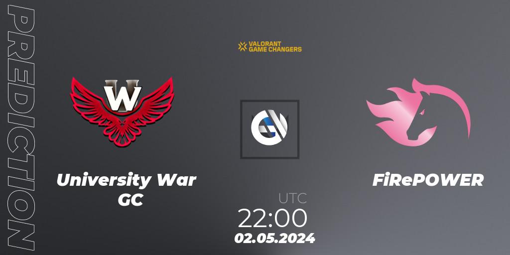 University War GC vs FiRePOWER: Betting TIp, Match Prediction. 02.05.2024 at 22:00. VALORANT, VCT 2024: Game Changers LAS - Opening