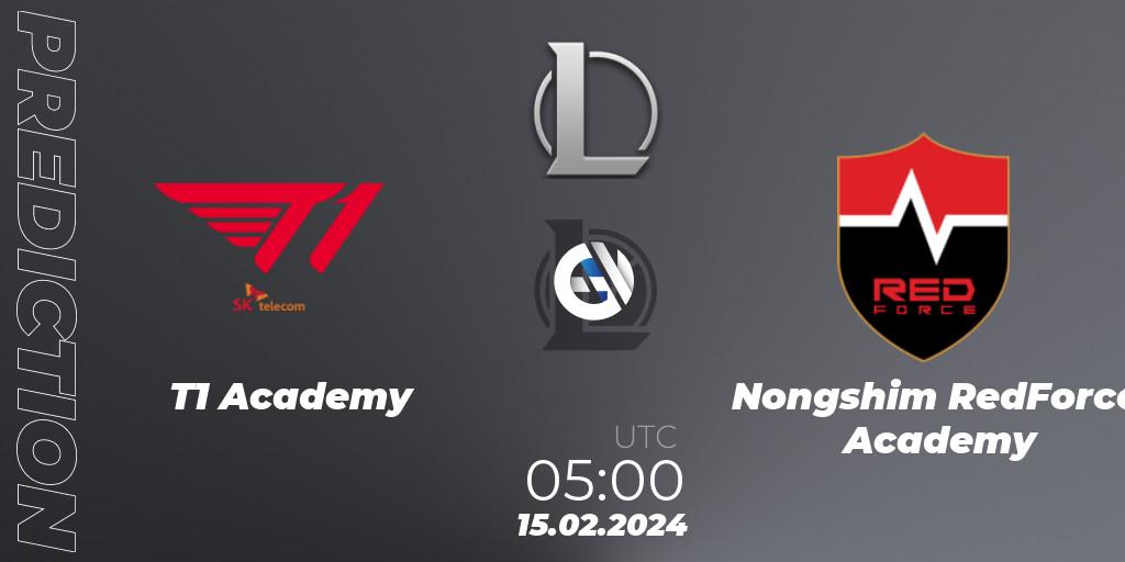 T1 Academy vs Nongshim RedForce Academy: Betting TIp, Match Prediction. 15.02.2024 at 05:00. LoL, LCK Challengers League 2024 Spring - Group Stage