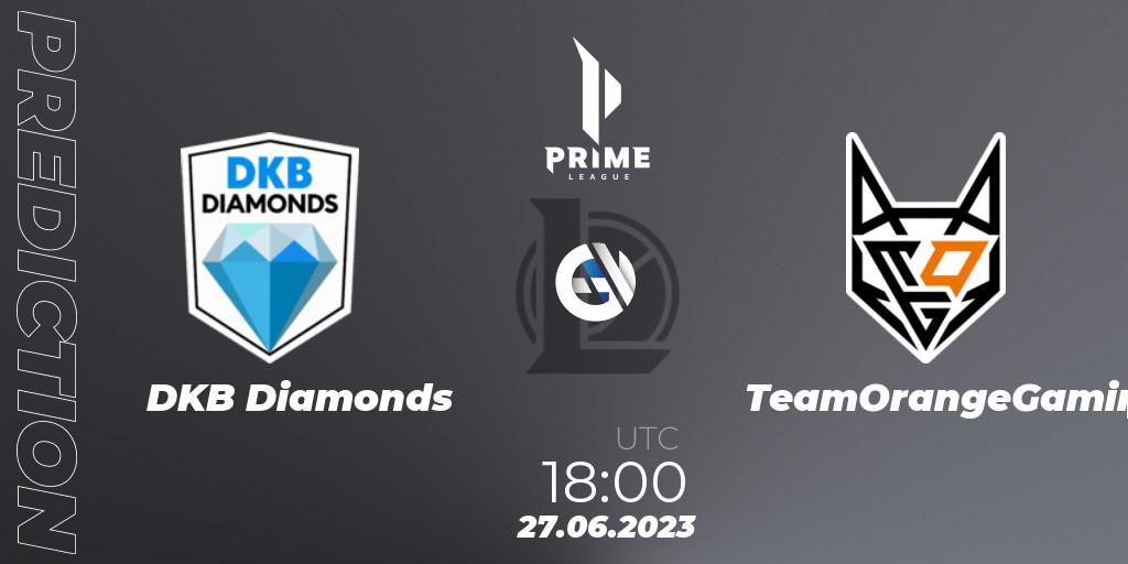DKB Diamonds vs TeamOrangeGaming: Betting TIp, Match Prediction. 27.06.2023 at 18:00. LoL, Prime League 2nd Division Summer 2023