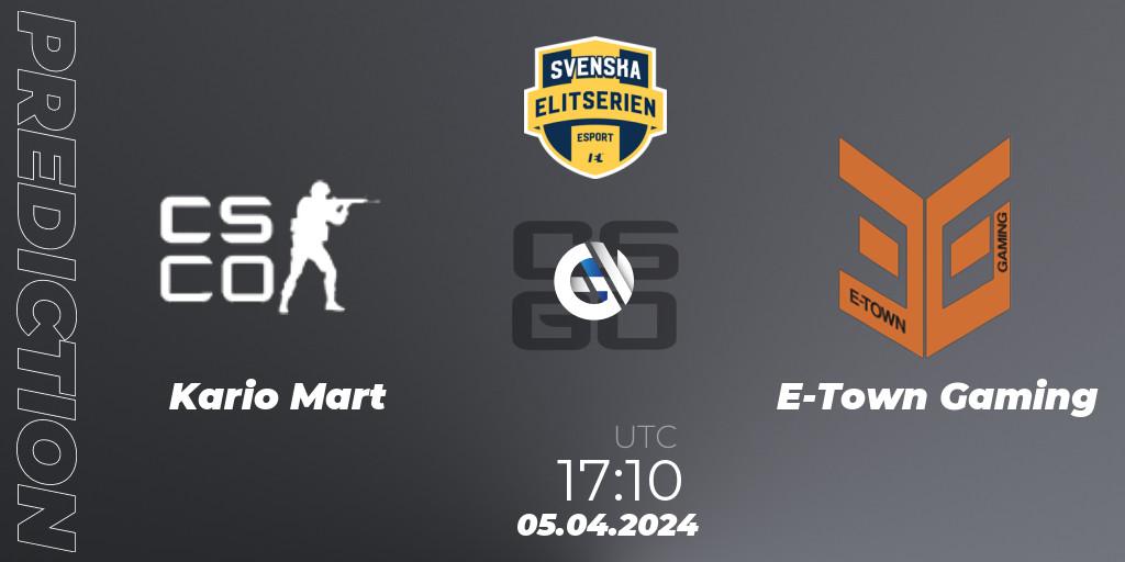 Kario Mart vs E-Town Gaming: Betting TIp, Match Prediction. 05.04.2024 at 17:10. Counter-Strike (CS2), Svenska Elitserien Spring 2024